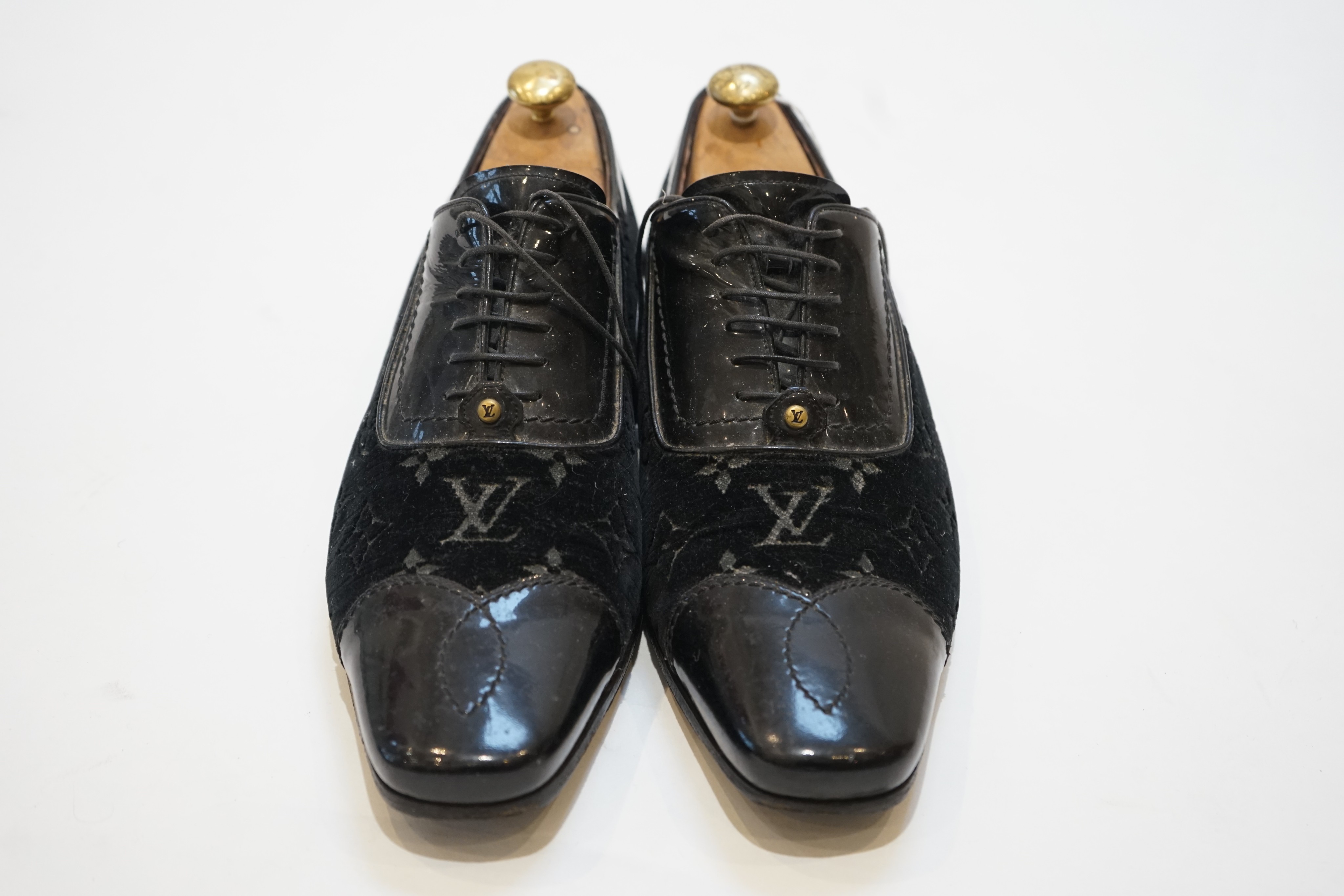 A pair of gentleman's Louis Vuitton black velvet and patent leather evening shoes, size 8.